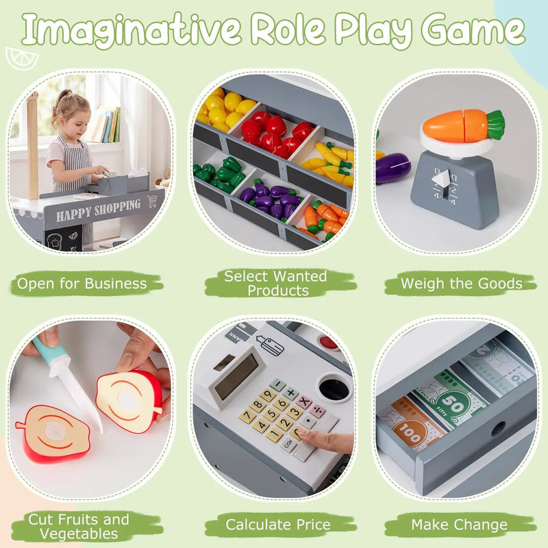 Kids Grocery Store Playset Wooden Pretend Play Supermarket with Shopping Cart by DirectDeals