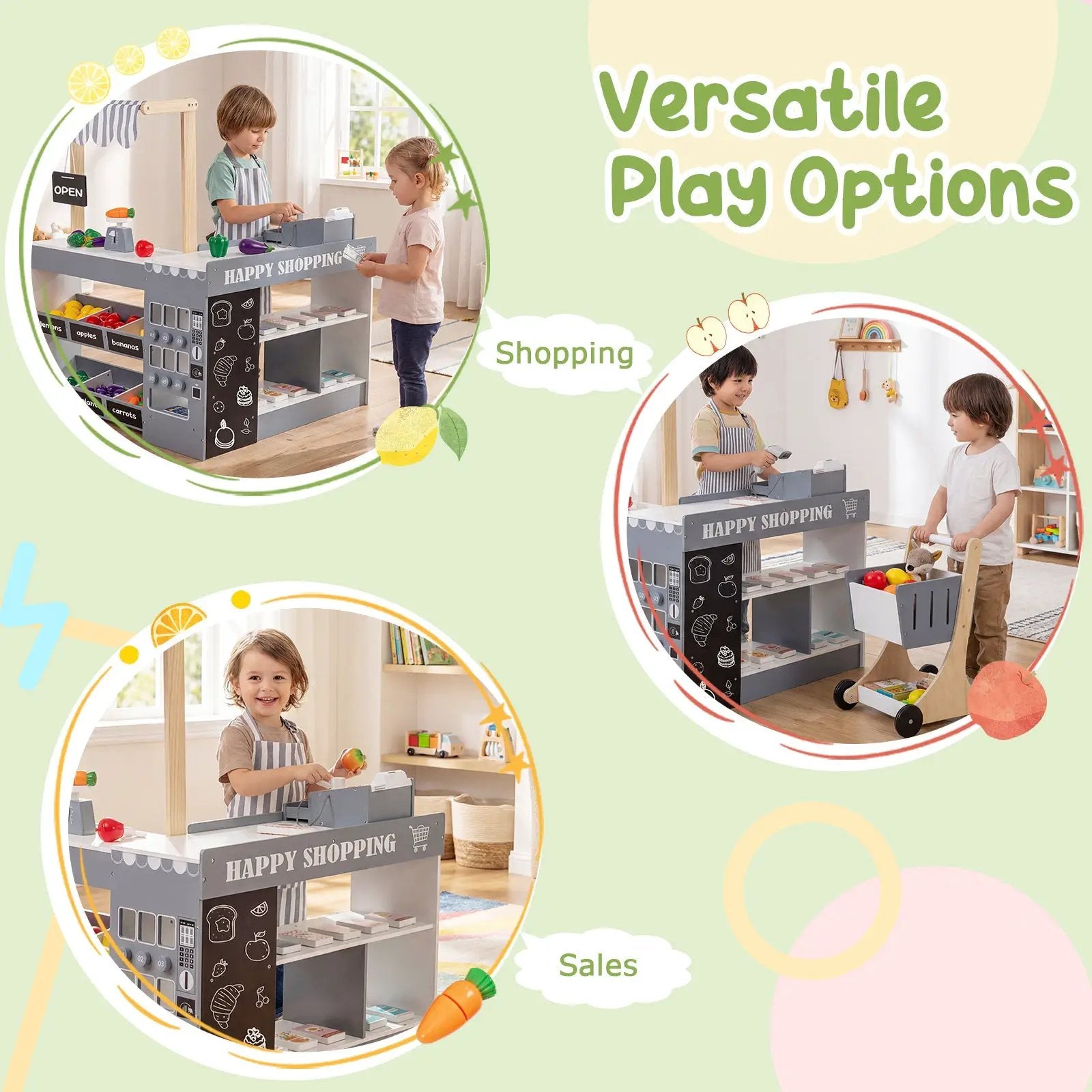 Kids Grocery Store Playset Wooden Pretend Play Supermarket with Shopping Cart by DirectDeals