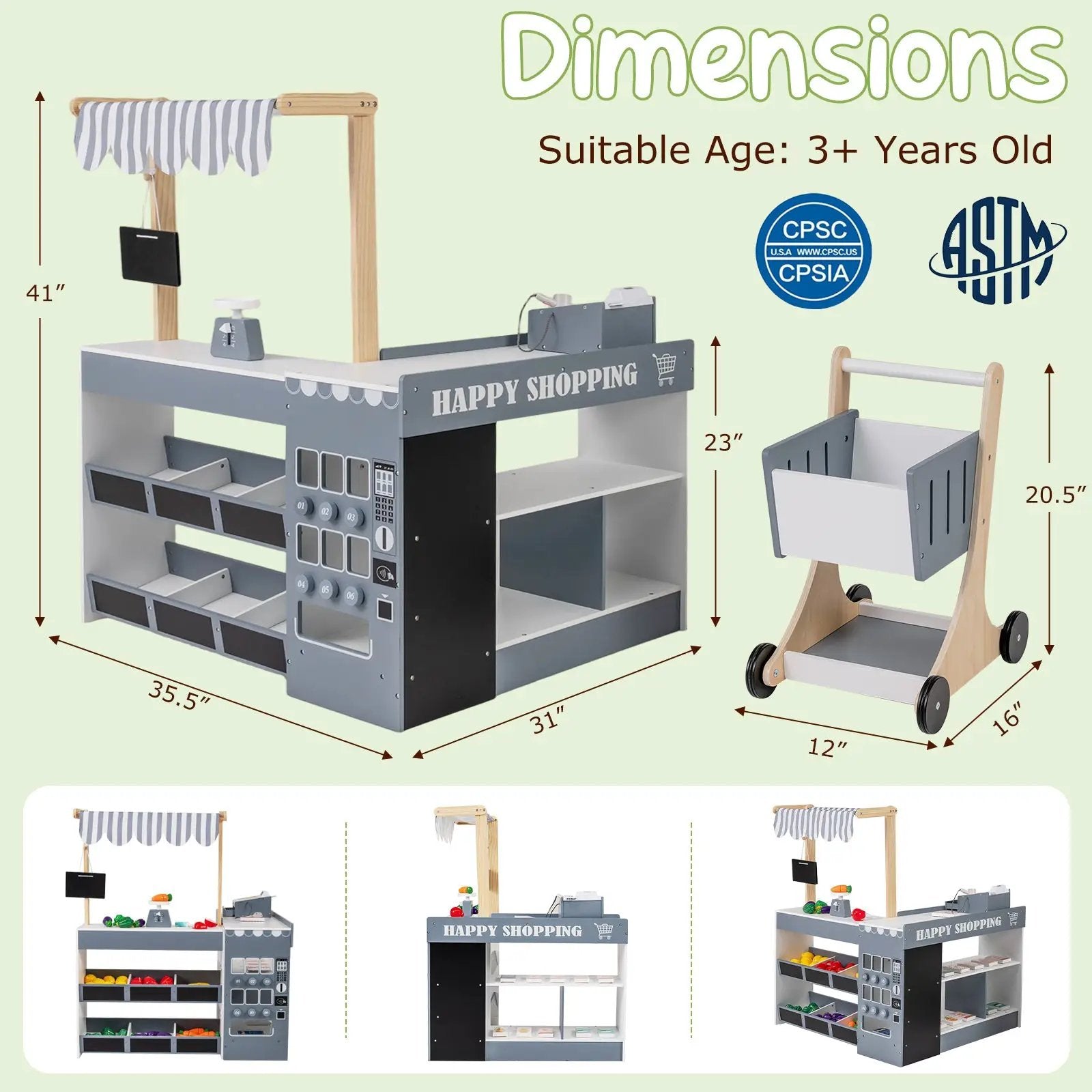 Kids Grocery Store Playset Wooden Pretend Play Supermarket with Shopping Cart by DirectDeals