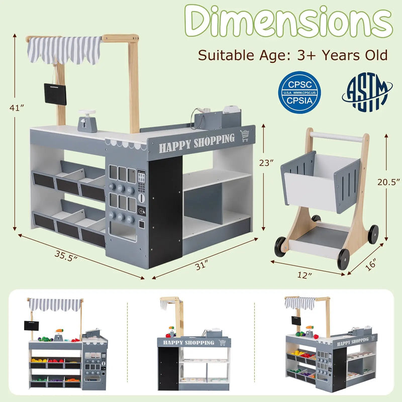 Kids Grocery Store Playset Wooden Pretend Play Supermarket with Shopping Cart by DirectDeals
