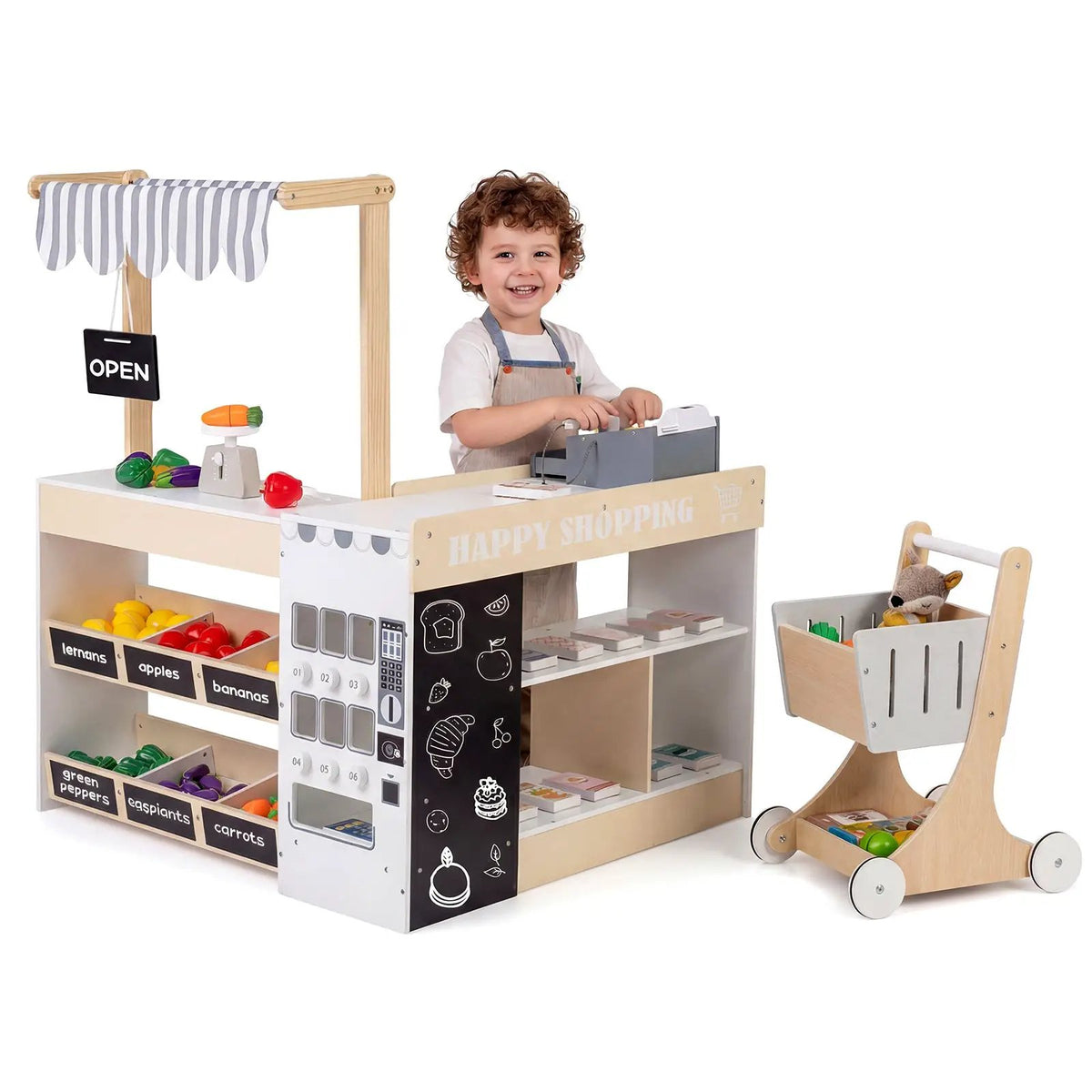 Kids Grocery Store Playset Wooden Pretend Play Supermarket with Shopping Cart, photo 7 of 24