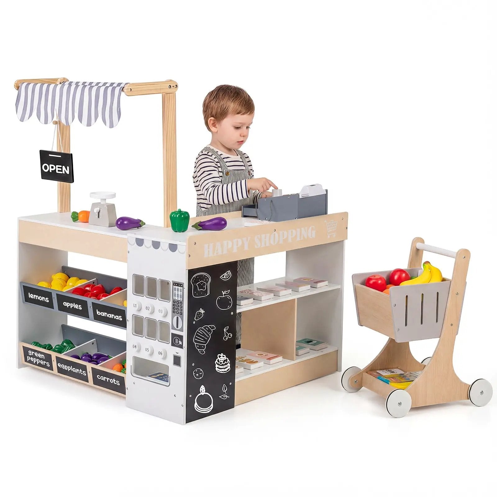 Kids Grocery Store Playset Wooden Pretend Play Supermarket with Shopping Cart by DirectDeals