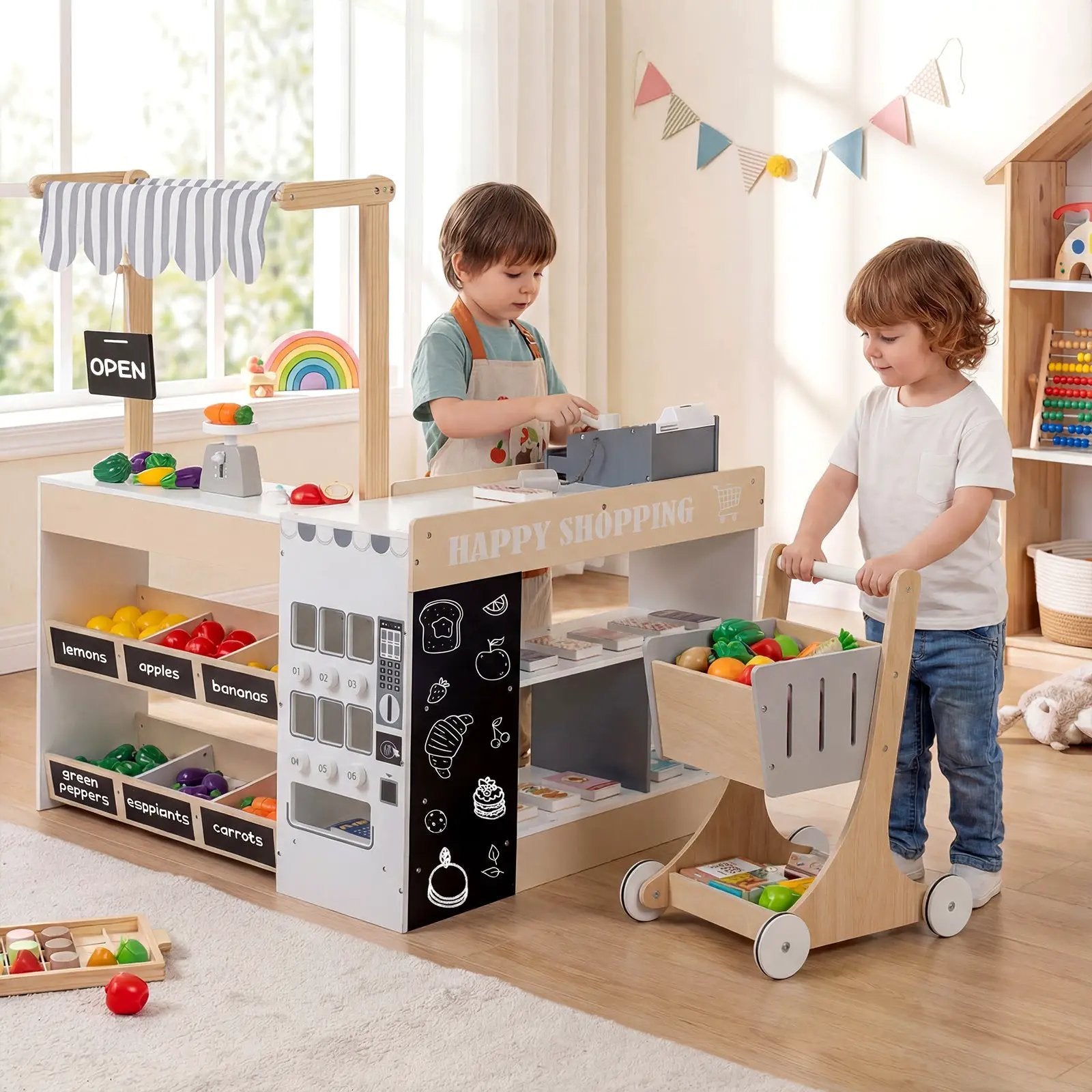 Kids Grocery Store Playset Wooden Pretend Play Supermarket with Shopping Cart by DirectDeals