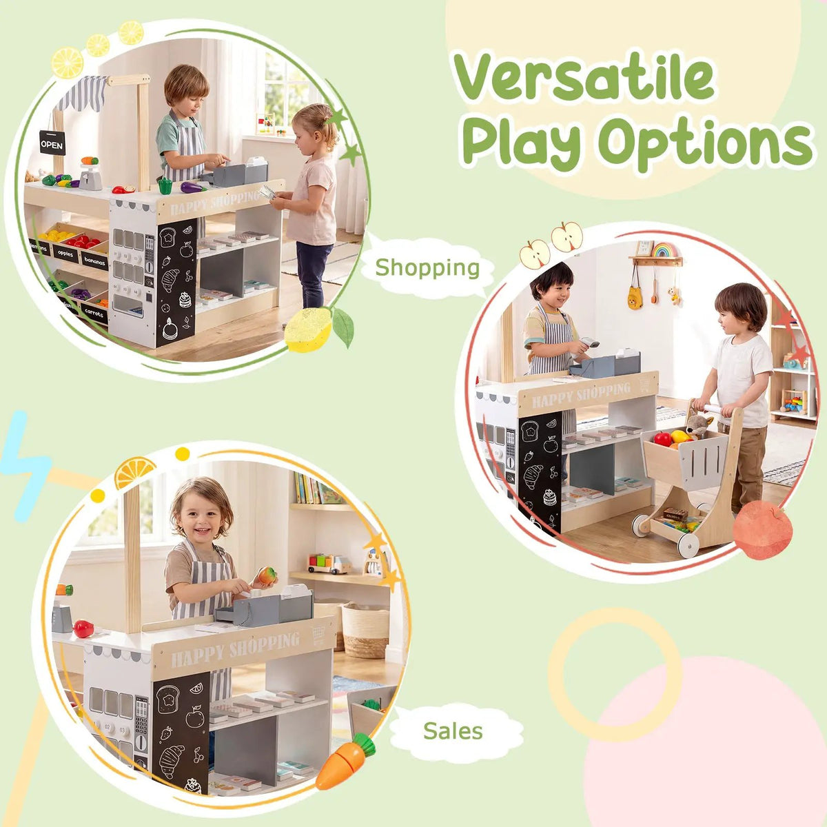 Kids Grocery Store Playset Wooden Pretend Play Supermarket with Shopping Cart, photo 15 of 24