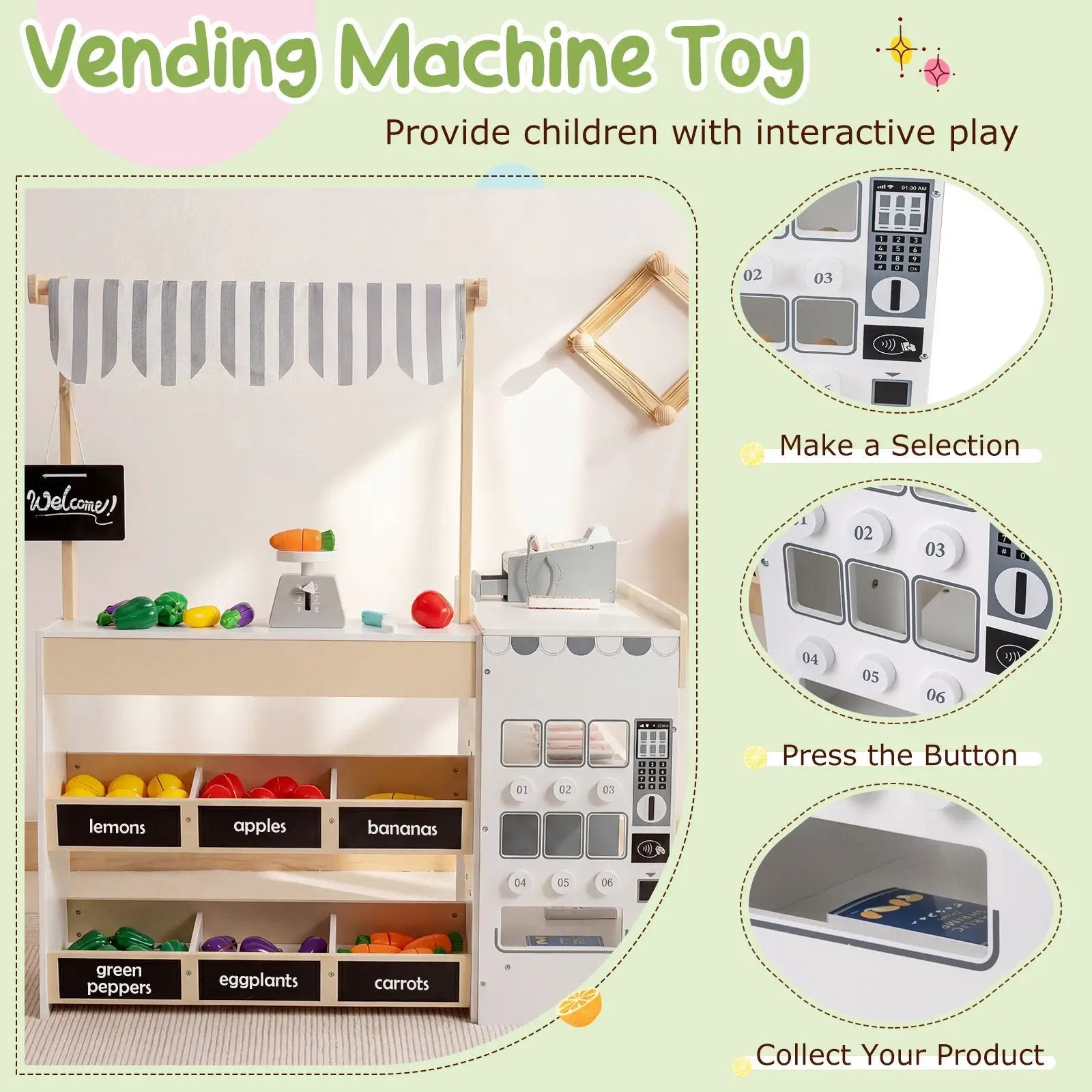 Kids Grocery Store Playset Wooden Pretend Play Supermarket with Shopping Cart by DirectDeals