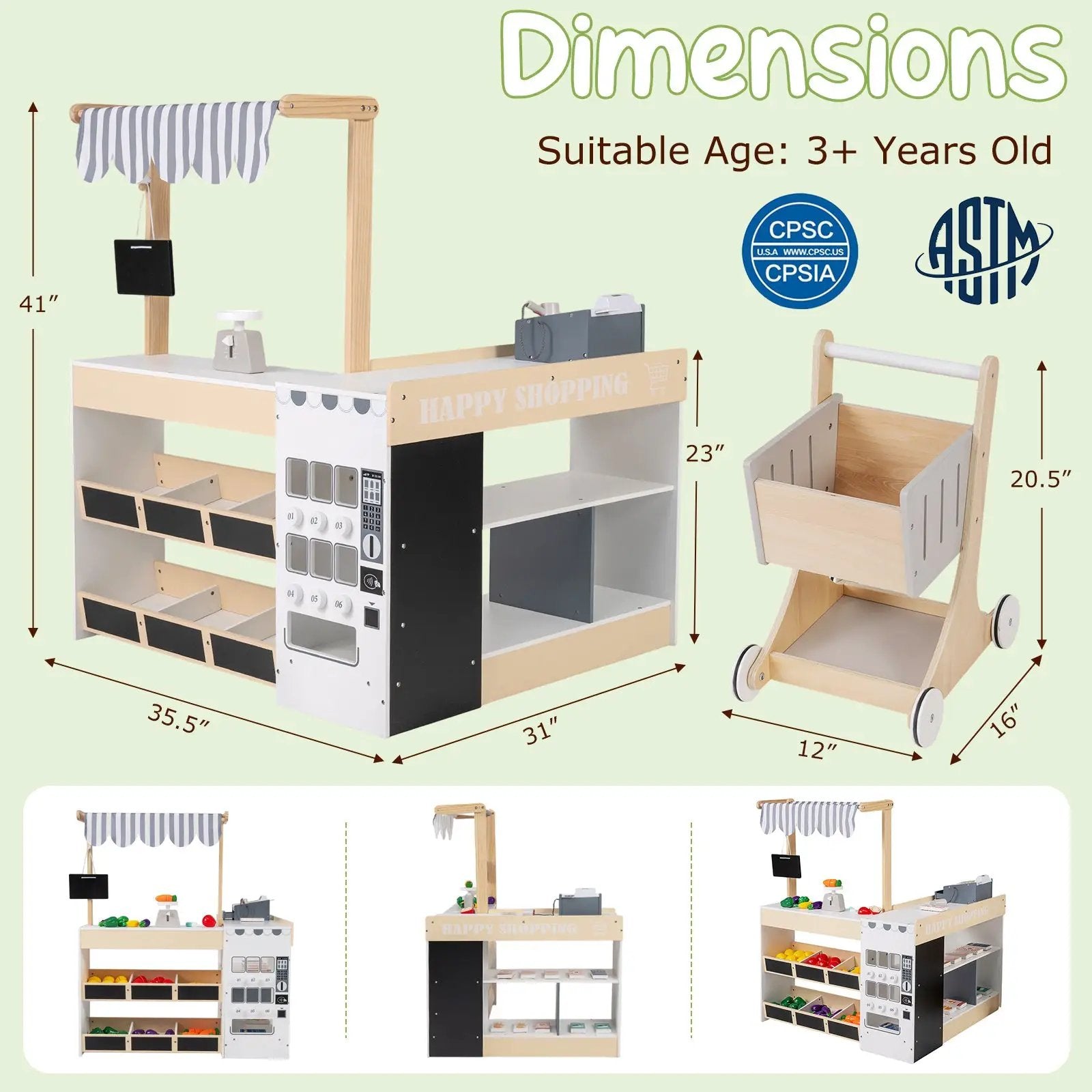 Kids Grocery Store Playset Wooden Pretend Play Supermarket with Shopping Cart by DirectDeals
