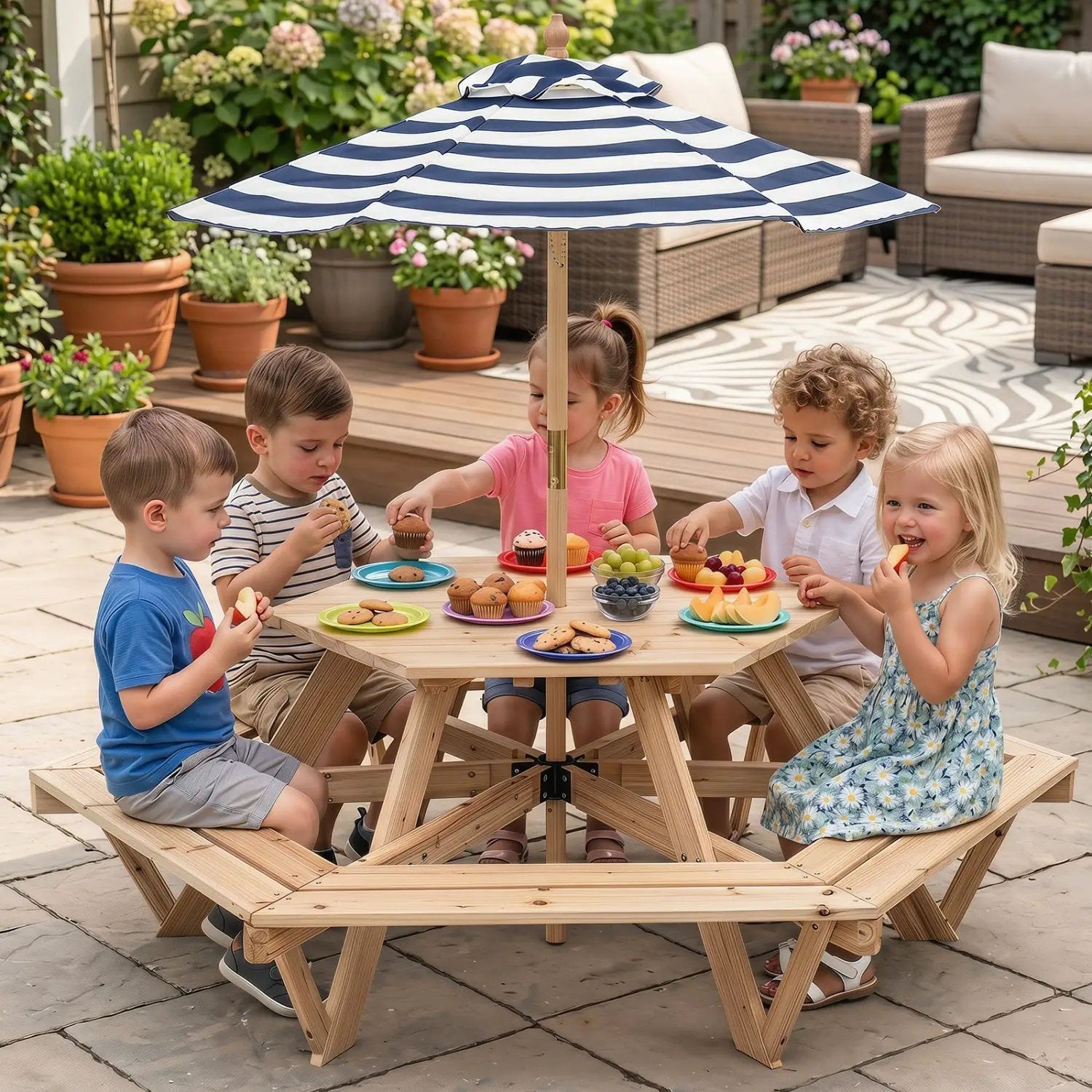 Kids Hexagonal Picnic Table with Umbrella and 6 Benches by DirectDeals