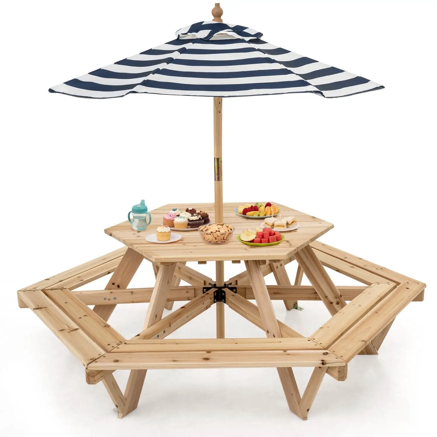 Kids Hexagonal Picnic Table with Umbrella and 6 Benches by DirectDeals