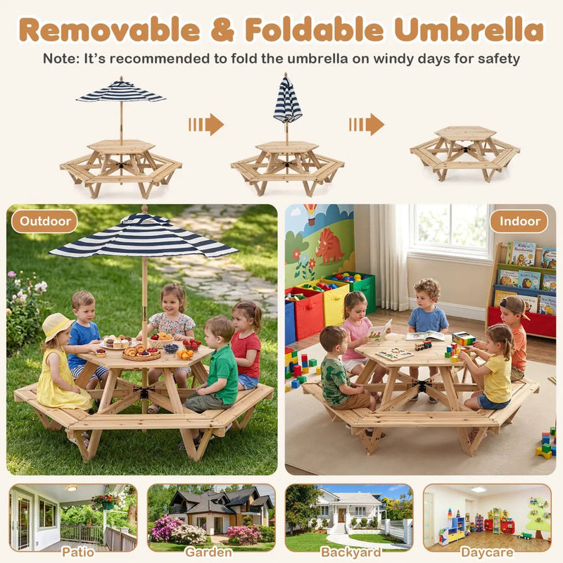 Kids Hexagonal Picnic Table with Umbrella and 6 Benches by DirectDeals