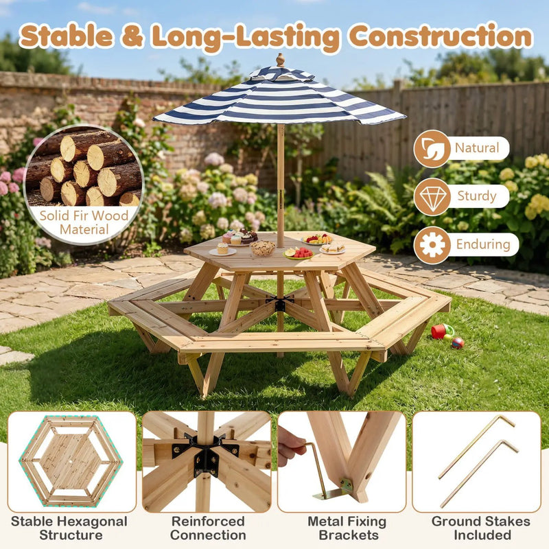 Kids Hexagonal Picnic Table with Umbrella and 6 Benches by DirectDeals