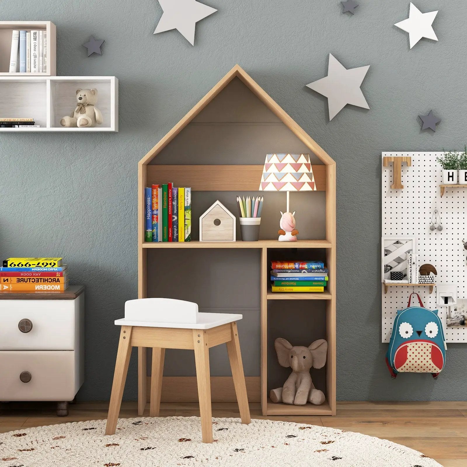 2-in-1 Kids House-Shaped Table and Chair Set-Gray by DirectDeals