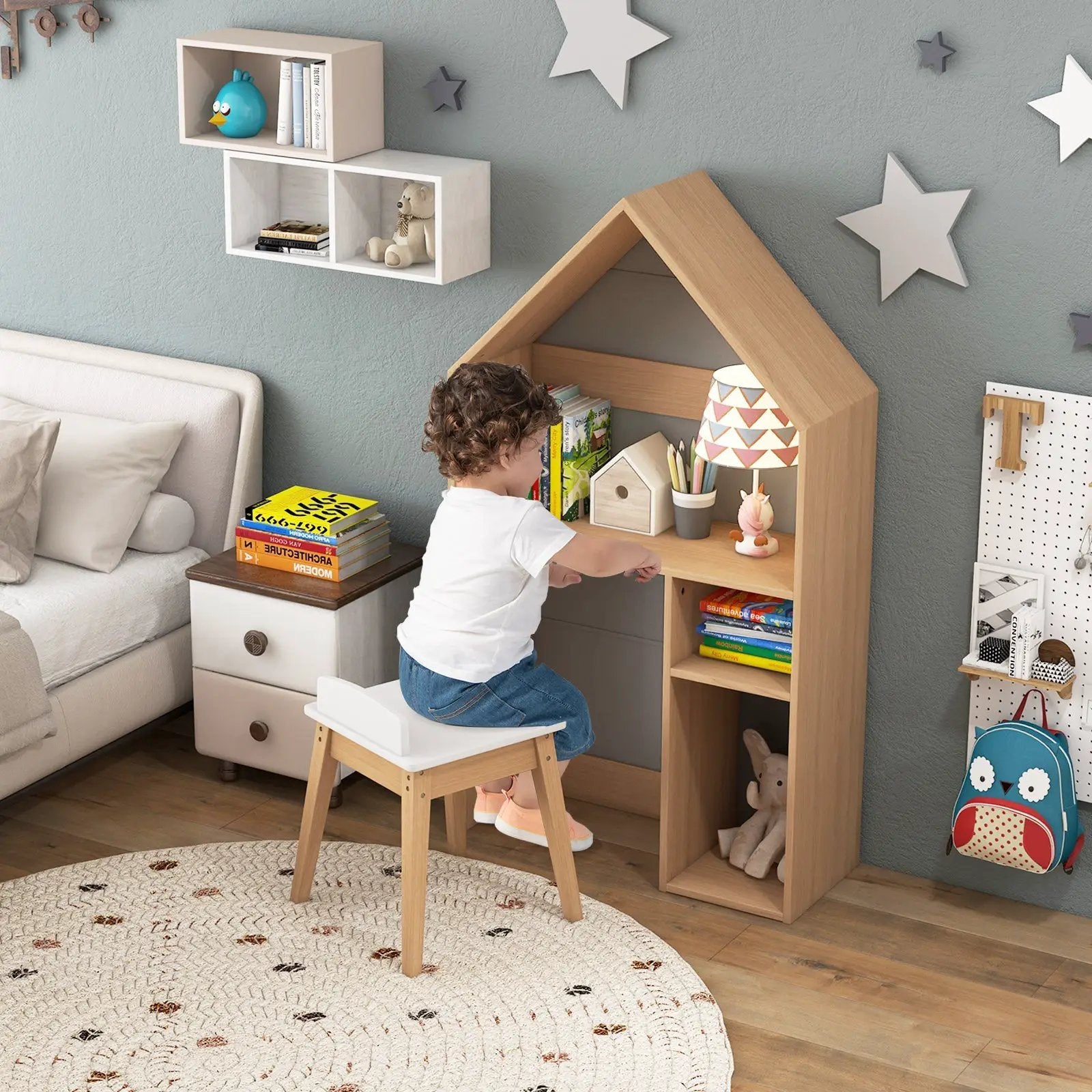 2-in-1 Kids House-Shaped Table and Chair Set-Gray by DirectDeals