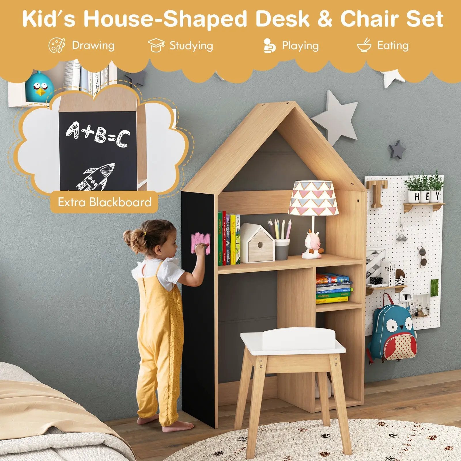 2-in-1 Kids House-Shaped Table and Chair Set-Gray by DirectDeals