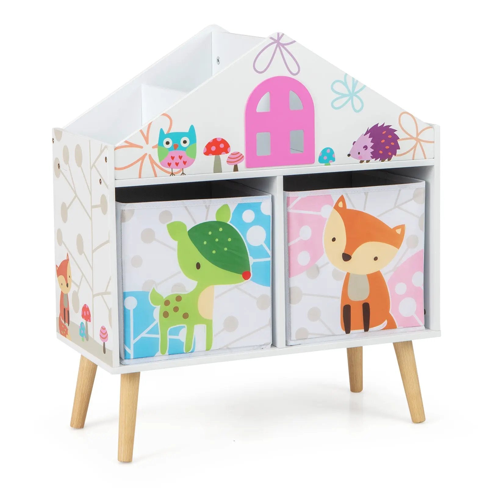 Kids House-shaped Bookshelf with 2 Storage Bins for Kids Room Playroom-White by DirectDeals