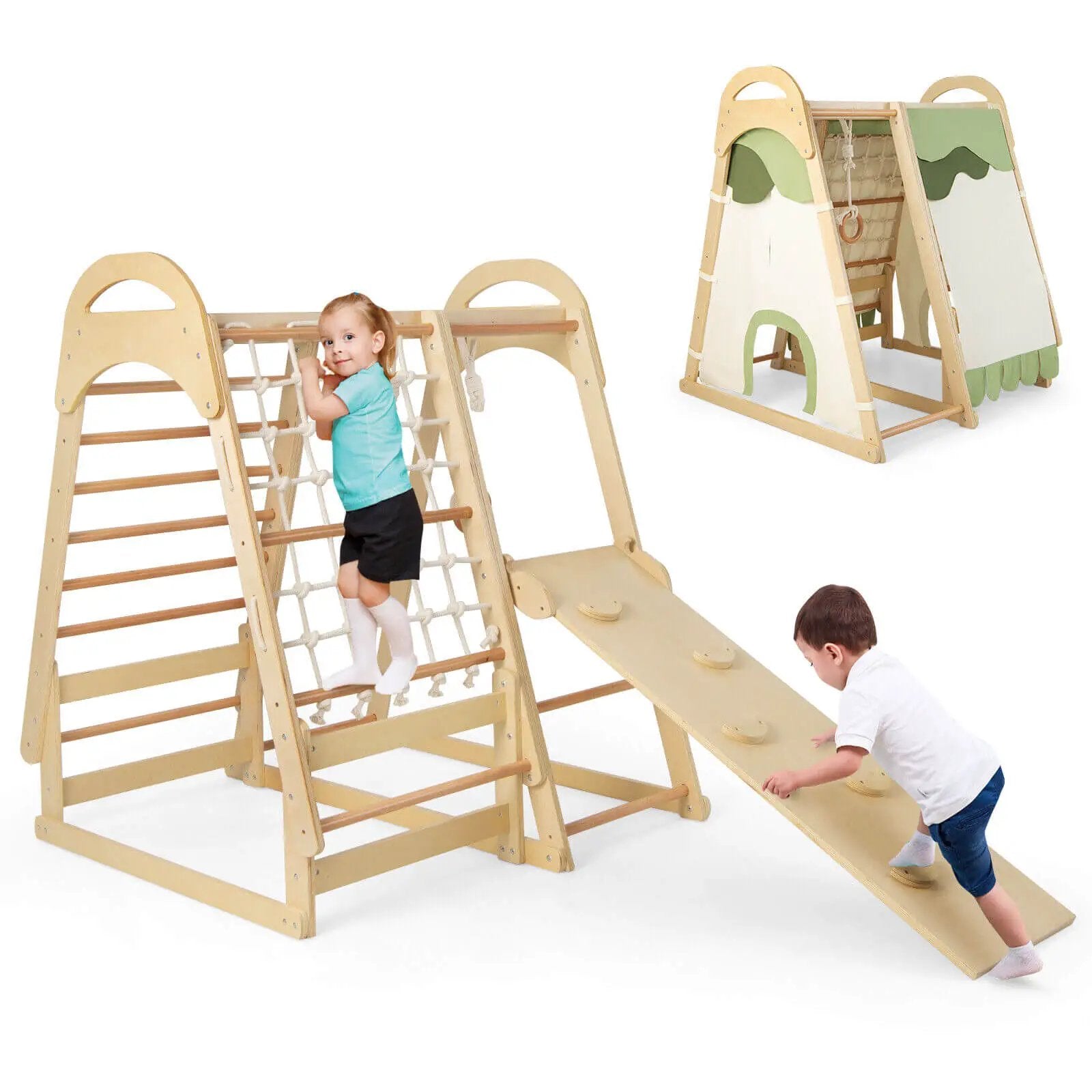6-in-1 Wooden Kids Jungle Gym Playset with Slide Climbing Net-Natural by DirectDeals
