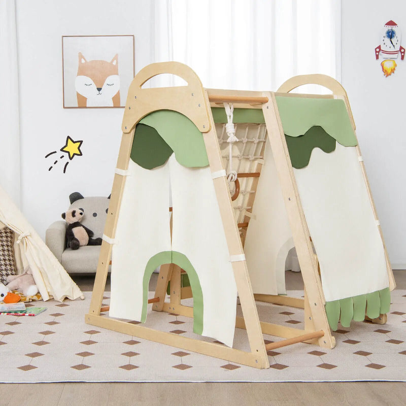 6-in-1 Wooden Kids Jungle Gym Playset with Slide Climbing Net-Natural by DirectDeals
