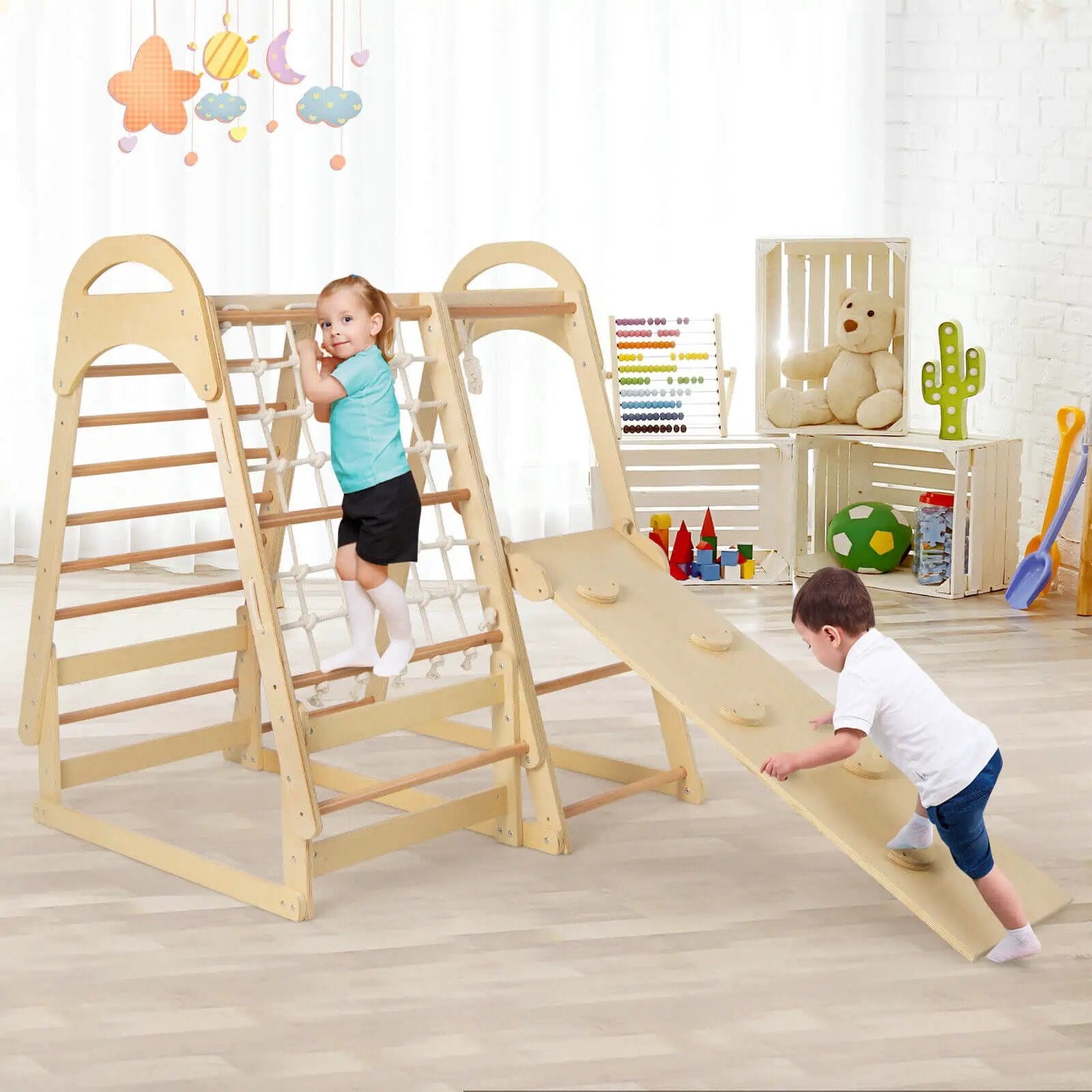 6-in-1 Wooden Kids Jungle Gym Playset with Slide Climbing Net-Natural by DirectDeals