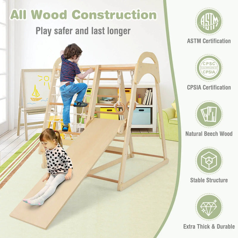 6-in-1 Wooden Kids Jungle Gym Playset with Slide Climbing Net-Natural by DirectDeals