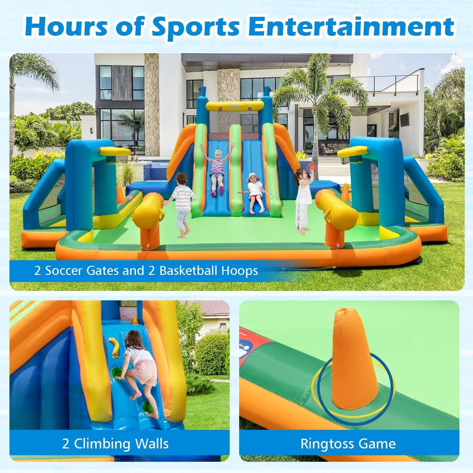 Kids Inflatable Water Slide with 2 Long Slides and 2 Soccer Gates with 950W Blower by DirectDeals