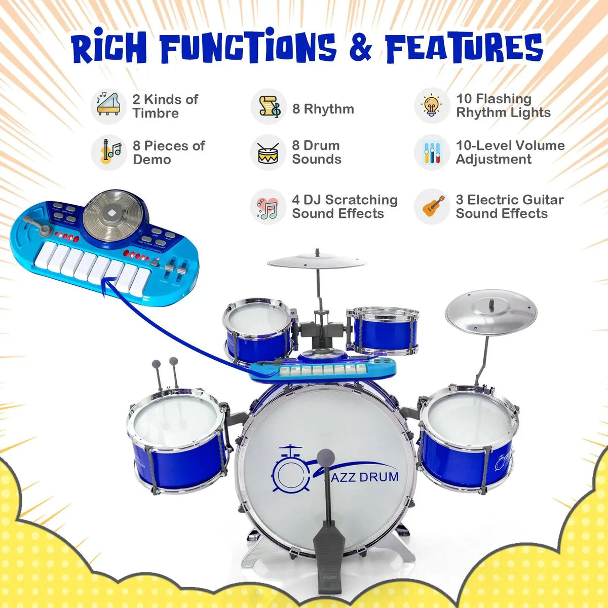 Kids Jazz Drum Keyboard Set with Stool and Microphone Stand, photo 8 of 9