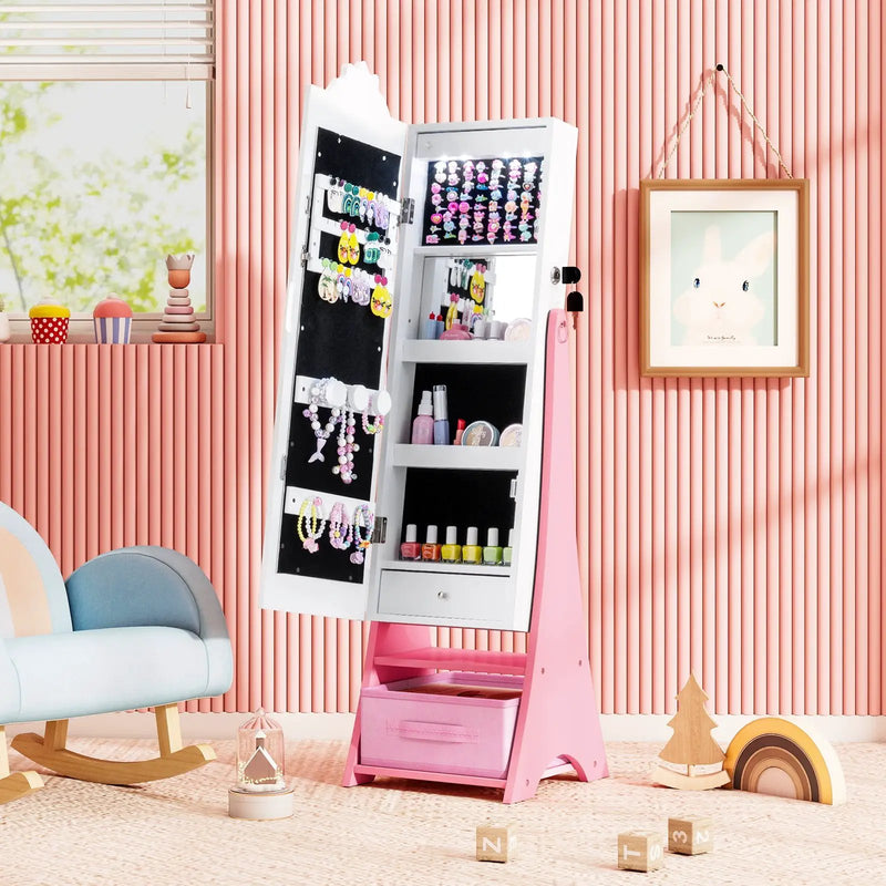 Kids Jewelry Armoire Freestanding Jewelry Cabinet with 3-Color Lighted Full Length Mirror by DirectDeals
