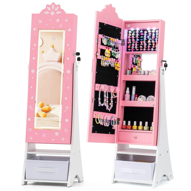 Kids Jewelry Armoire Freestanding Jewelry Cabinet with 3-Color Lighted Full Length Mirror by DirectDeals