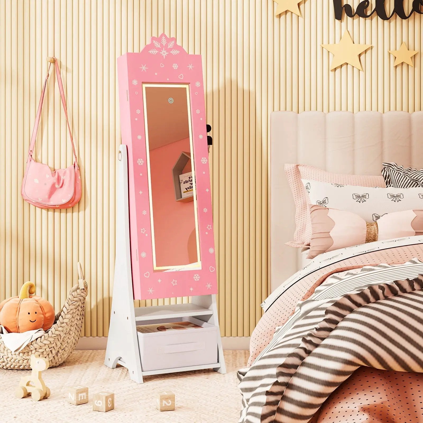 Kids Jewelry Armoire Freestanding Jewelry Cabinet with 3-Color Lighted Full Length Mirror by DirectDeals