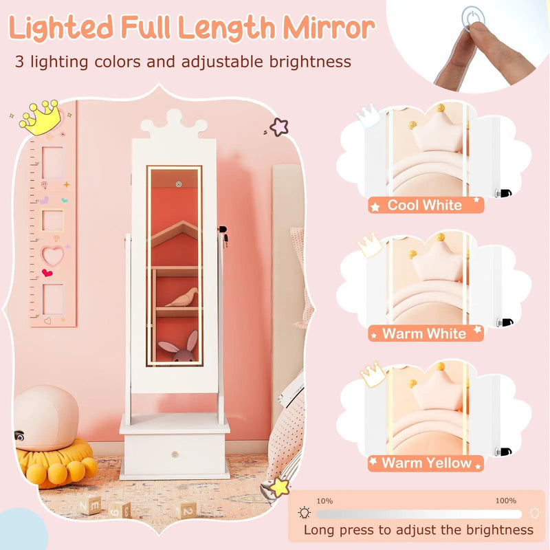 Kids Jewelry Armoire with 3-Color Lighted Full Length Mirror and Inside Led Lights by DirectDeals