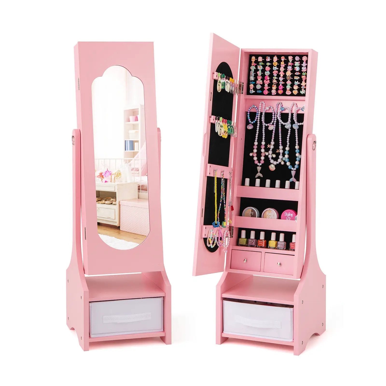 Freestanding Kids Jewelry Armoire Cabinet with Storage and 2 Tilt Angles by DirectDeals