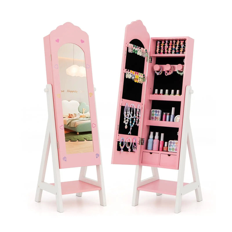 Kids Jewelry Organizer with Full Length Mirror Drawers and Storage Shelves-White by DirectDeals