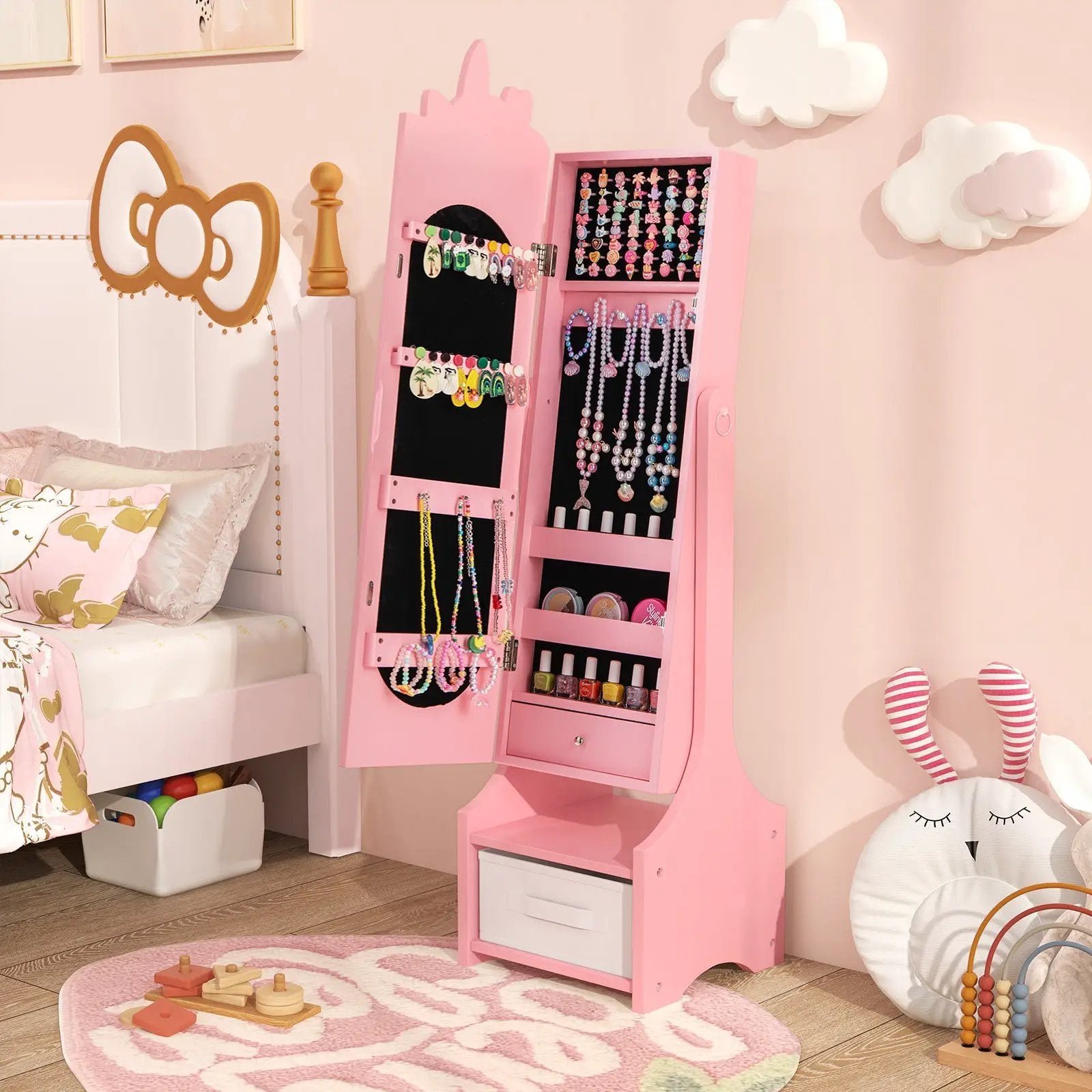 Kids Jewelry Armoire Cabinet with Storage and 2 Tilt Angles by DirectDeals