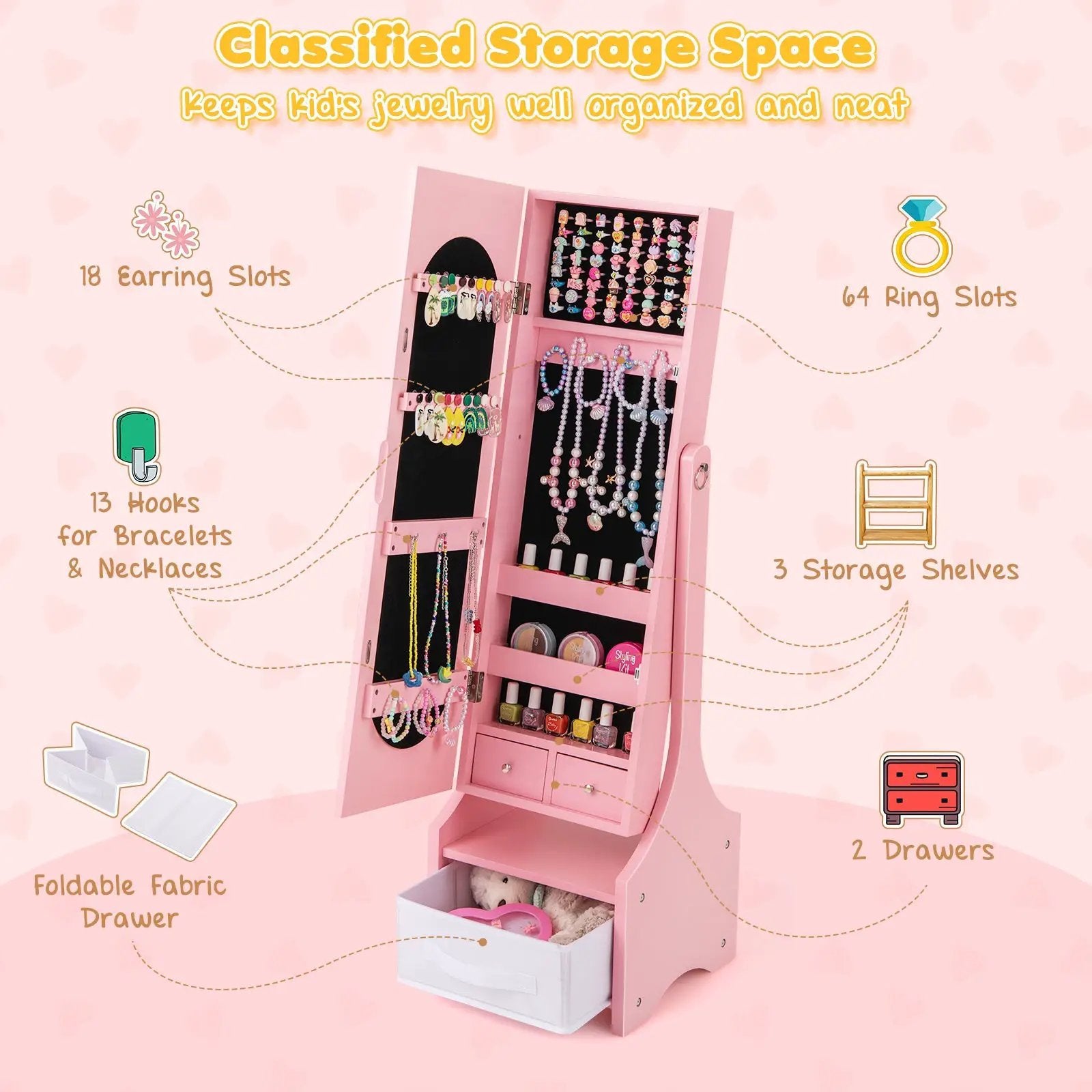 Freestanding Kids Jewelry Armoire Cabinet with Storage and 2 Tilt Angles by DirectDeals