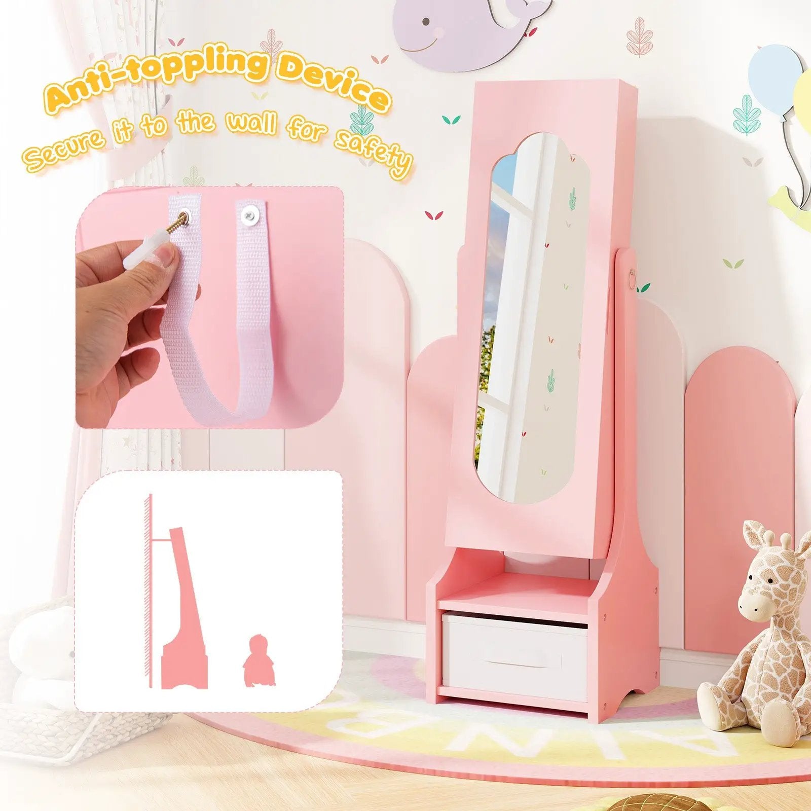 Freestanding Kids Jewelry Armoire Cabinet with Storage and 2 Tilt Angles by DirectDeals