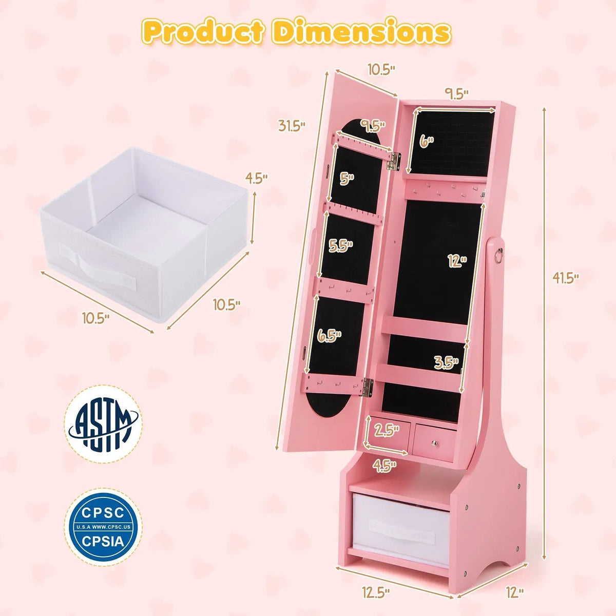 Freestanding Kids Jewelry Armoire Cabinet with Storage and 2 Tilt Angles, photo 4 of 9