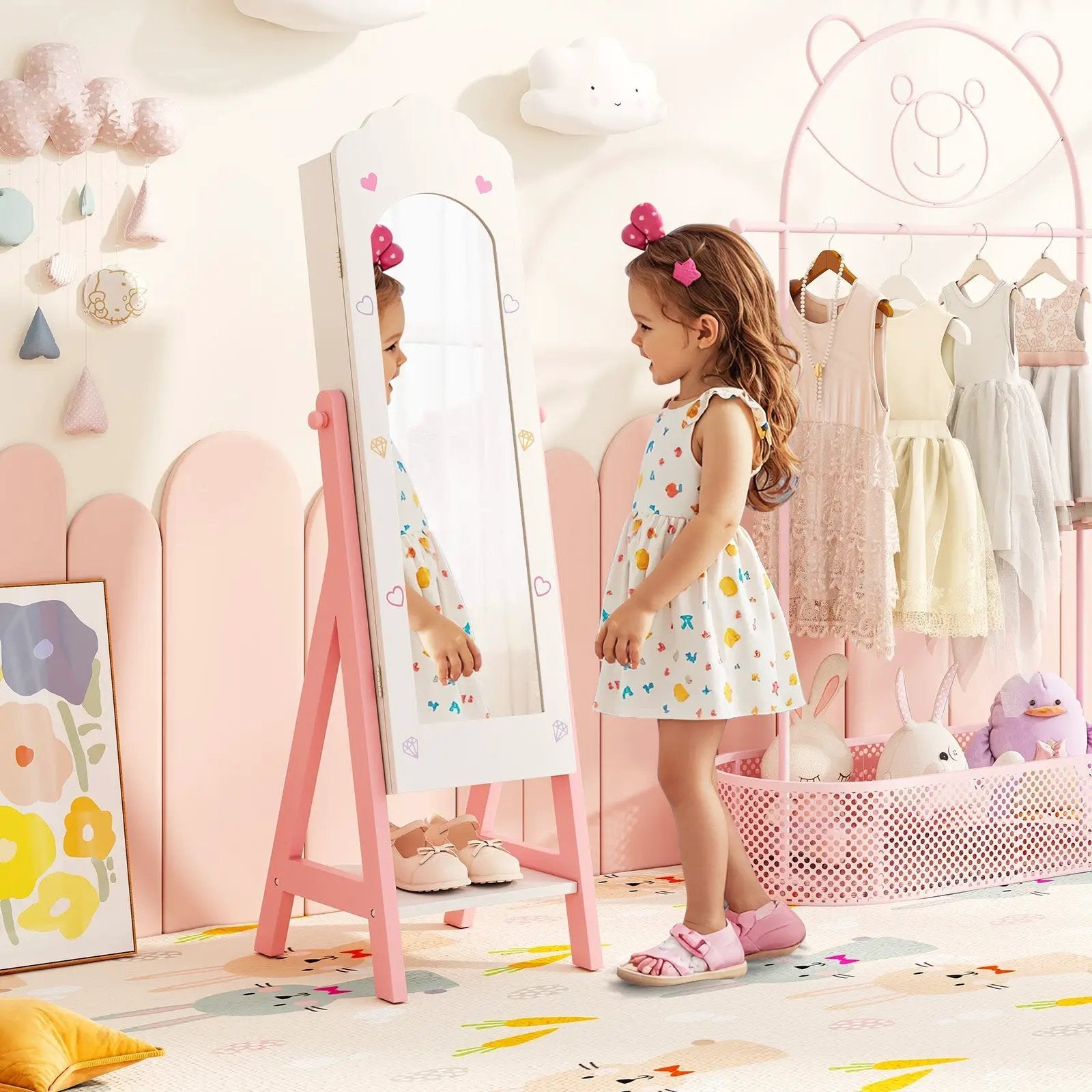 Kids Jewelry Organizer with Full Length Mirror Drawers and Storage Shelves-White by DirectDeals