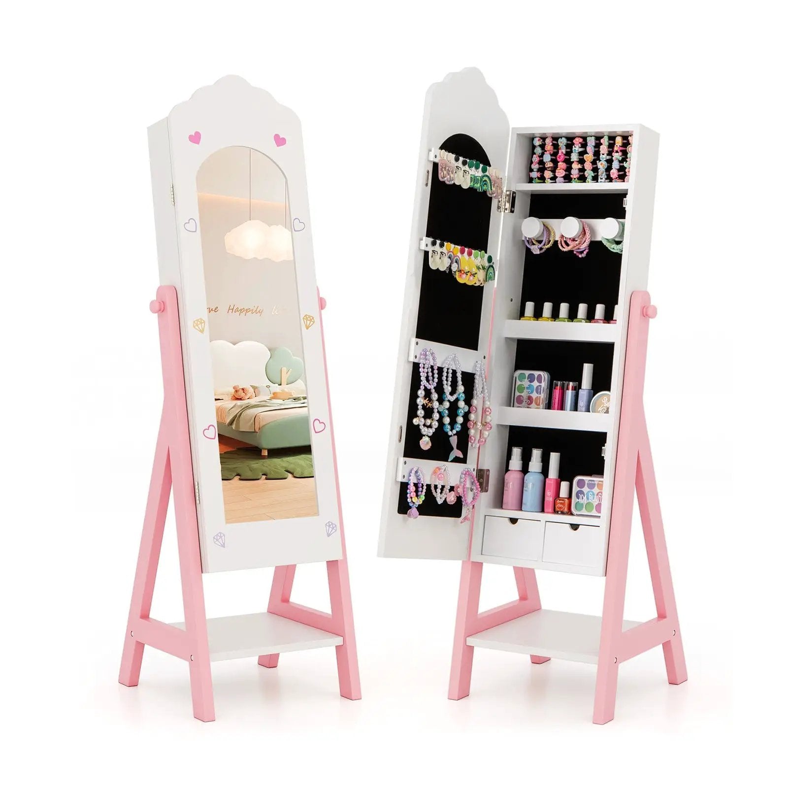 Kids Jewelry Organizer with Full Length Mirror Drawers and Storage Shelves-White by DirectDeals