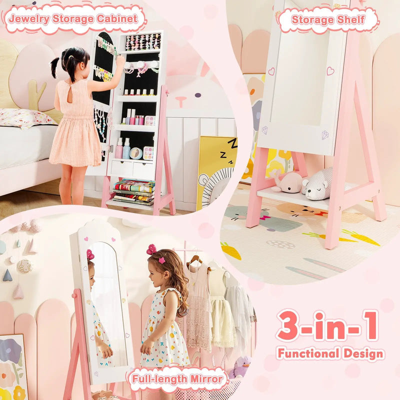 Kids Jewelry Organizer with Full Length Mirror Drawers and Storage Shelves-White by DirectDeals
