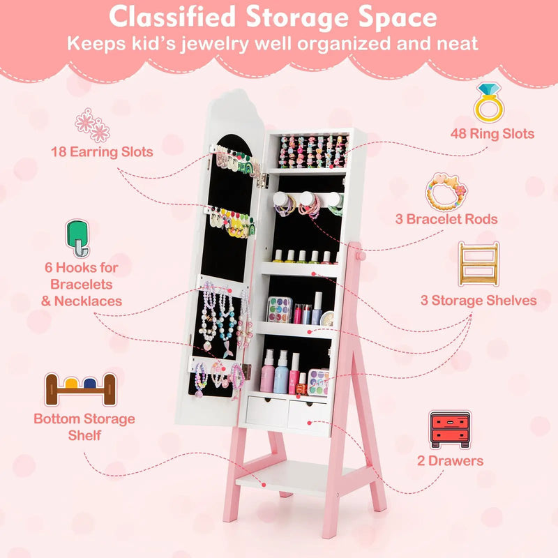 Kids Jewelry Organizer with Full Length Mirror Drawers and Storage Shelves-White by DirectDeals