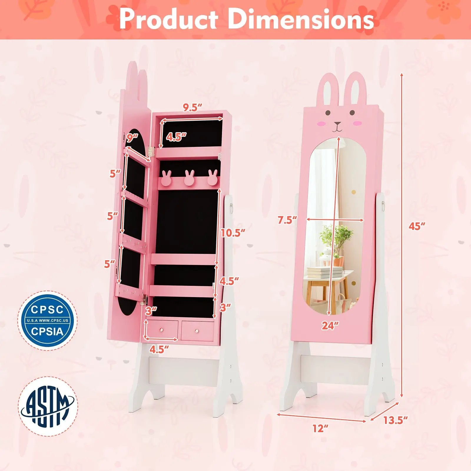 Kids Jewelry Armoire Cabinet with 2 Tilt Angles and Large Capacity by DirectDeals