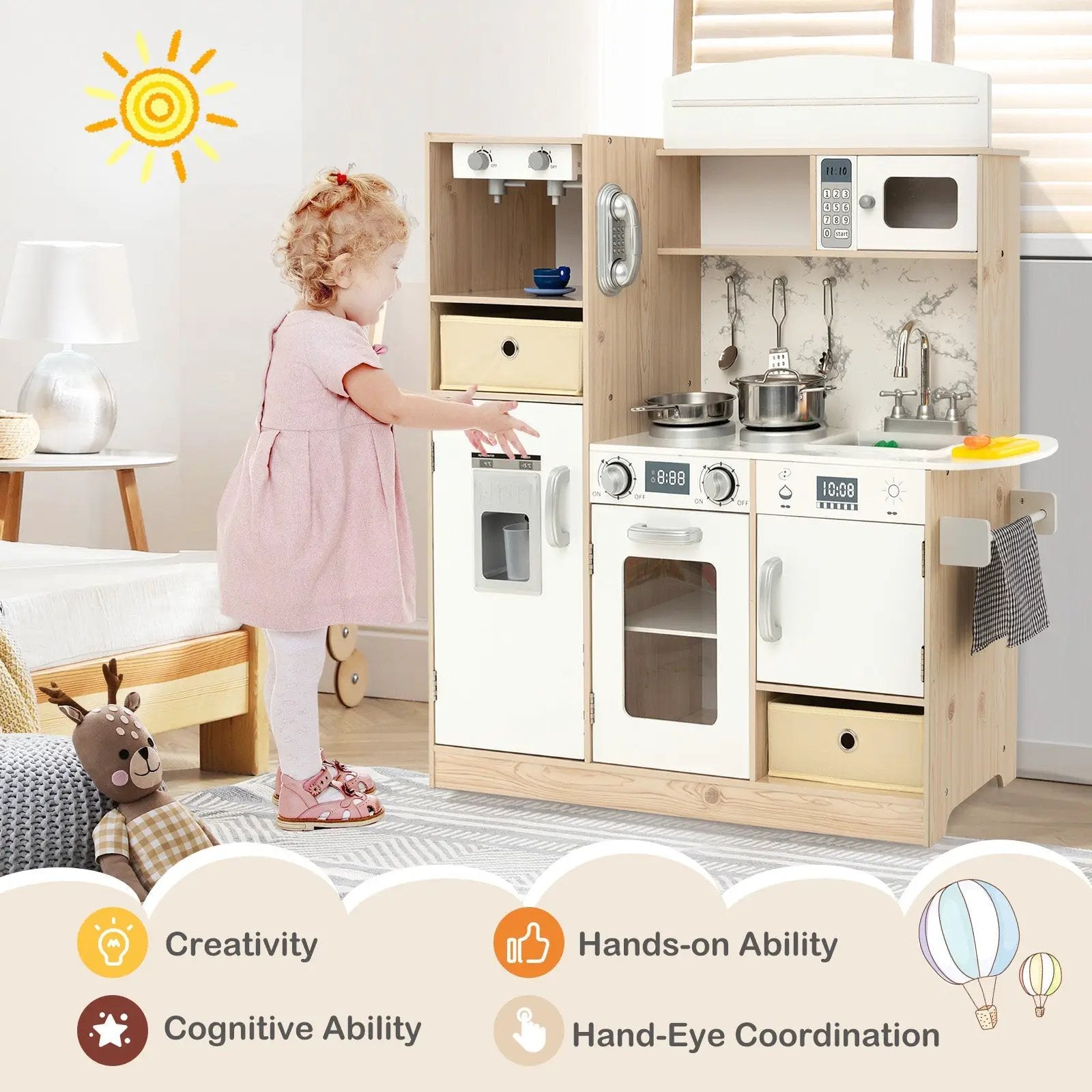 Kids Kitchen Playset with Adjustable LED Lights Removable Fabric Bins-White by DirectDeals