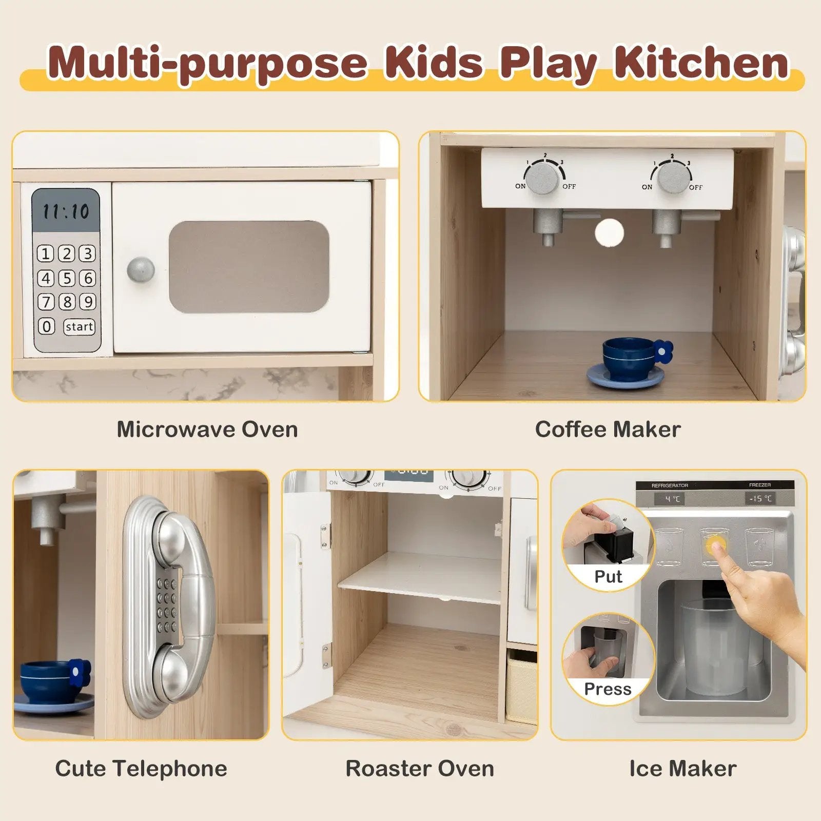 Kids Kitchen Playset with Adjustable LED Lights Removable Fabric Bins-White by DirectDeals
