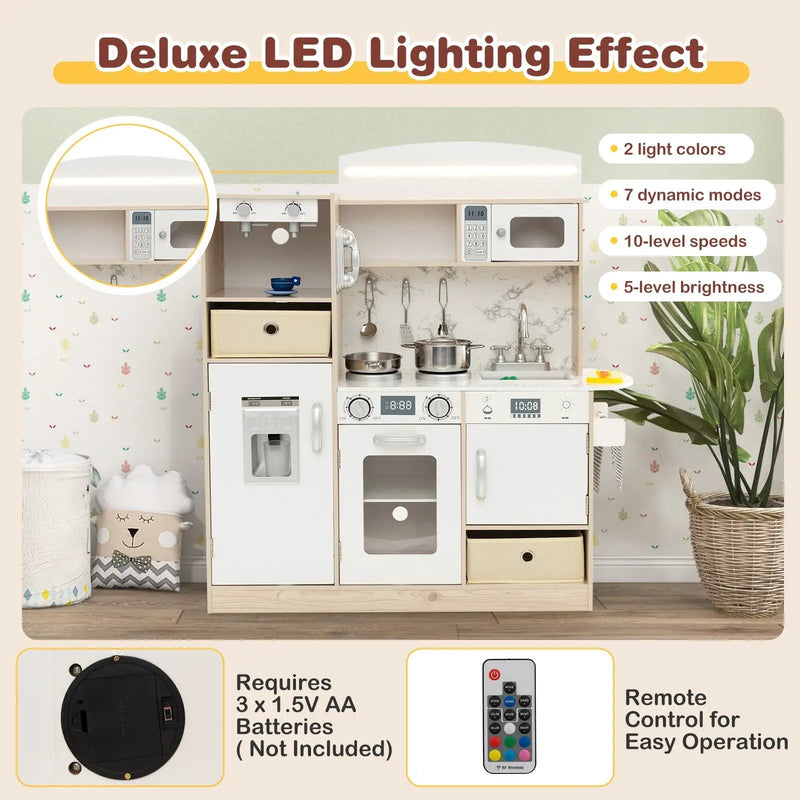 Kids Kitchen Playset with Adjustable LED Lights Removable Fabric Bins-White by DirectDeals