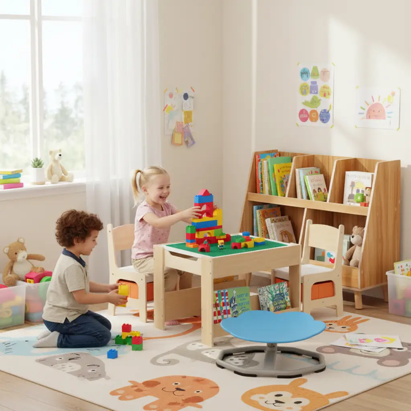 Kids Learning & Play Essentials Bundle - Bookshelf + 4-in-1 Activity Table Set + 360¬∞ Swivel Chair by DirectDeals