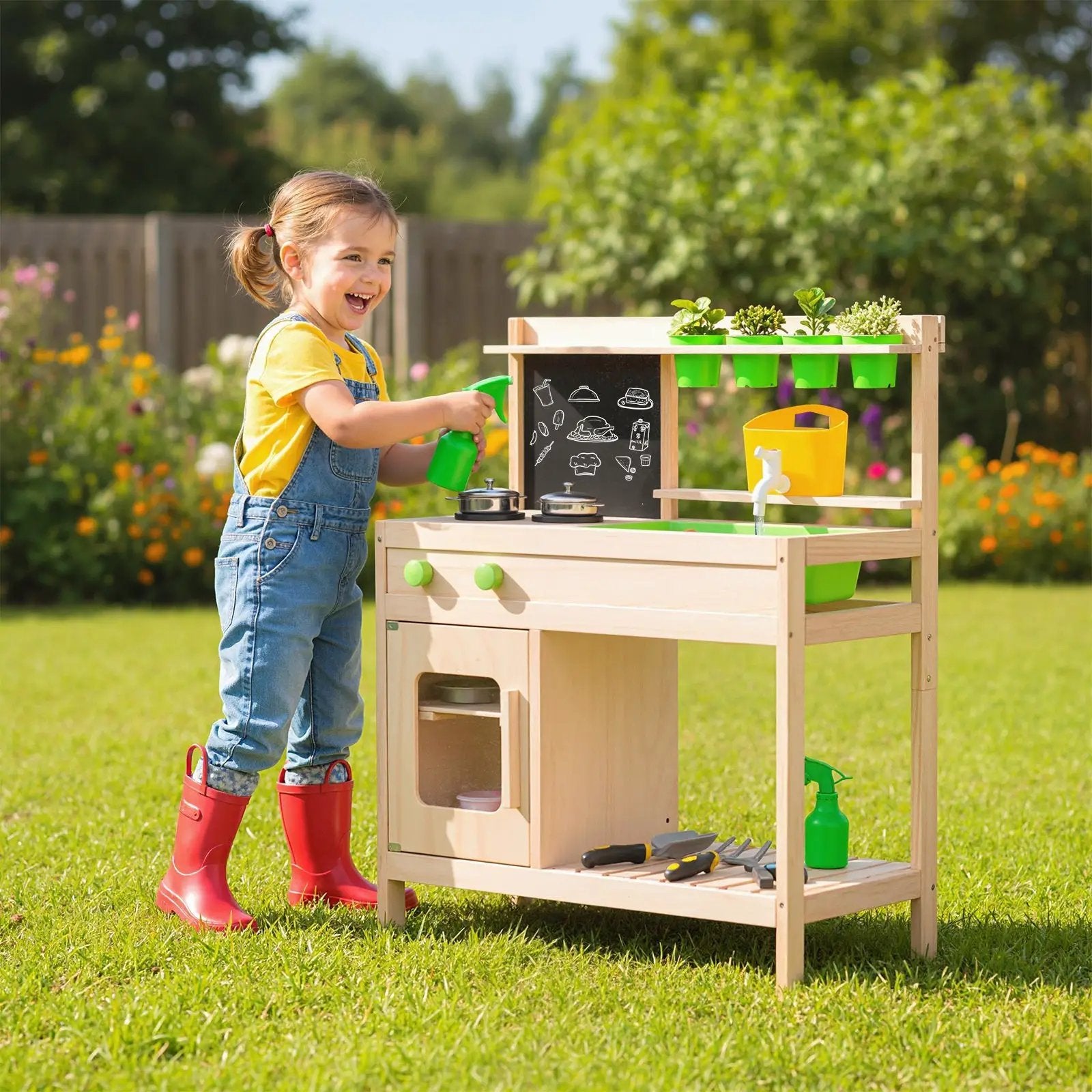 Kids Mud Kitchen Play Pretend Kitchen with Chalkboard for Kids Aged 3+ by DirectDeals