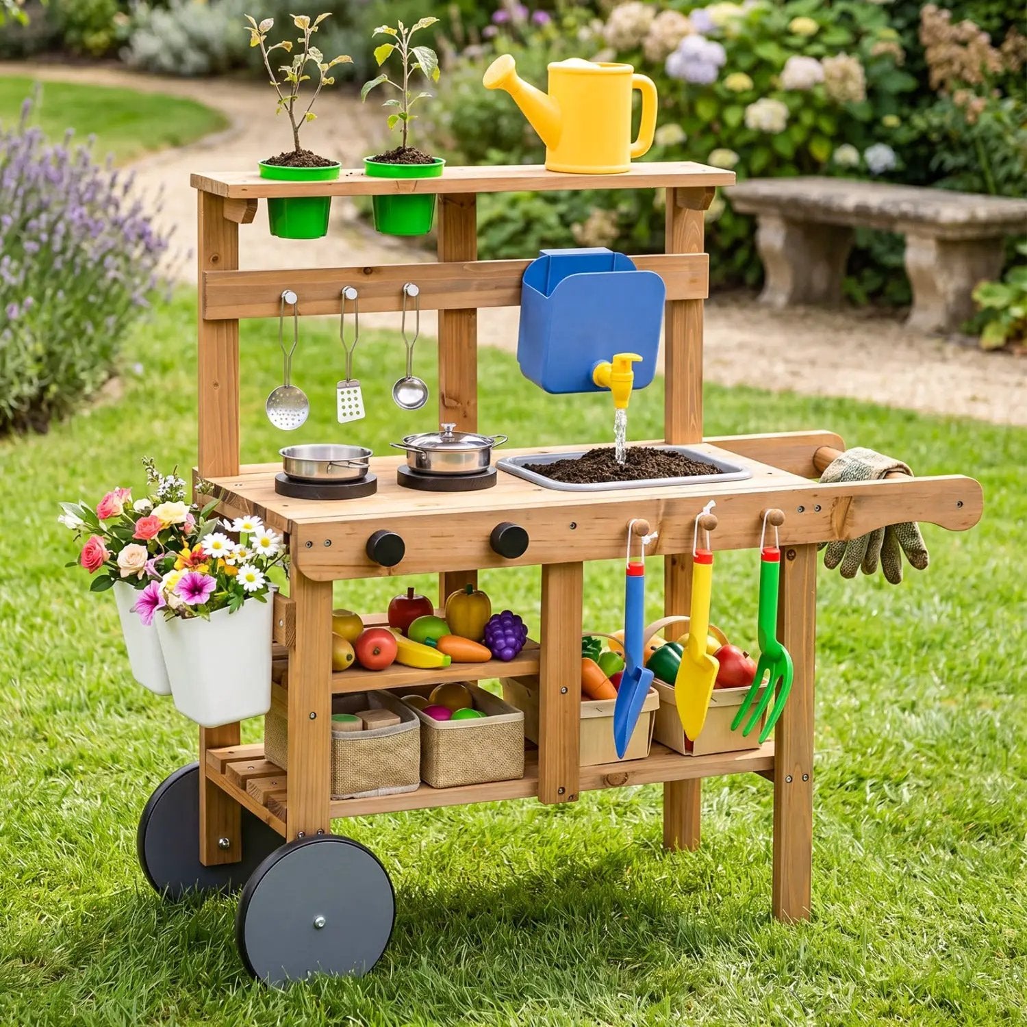 Kids Mud Kitchen with Water Tank, Sink & 15 Accessories by DirectDeals