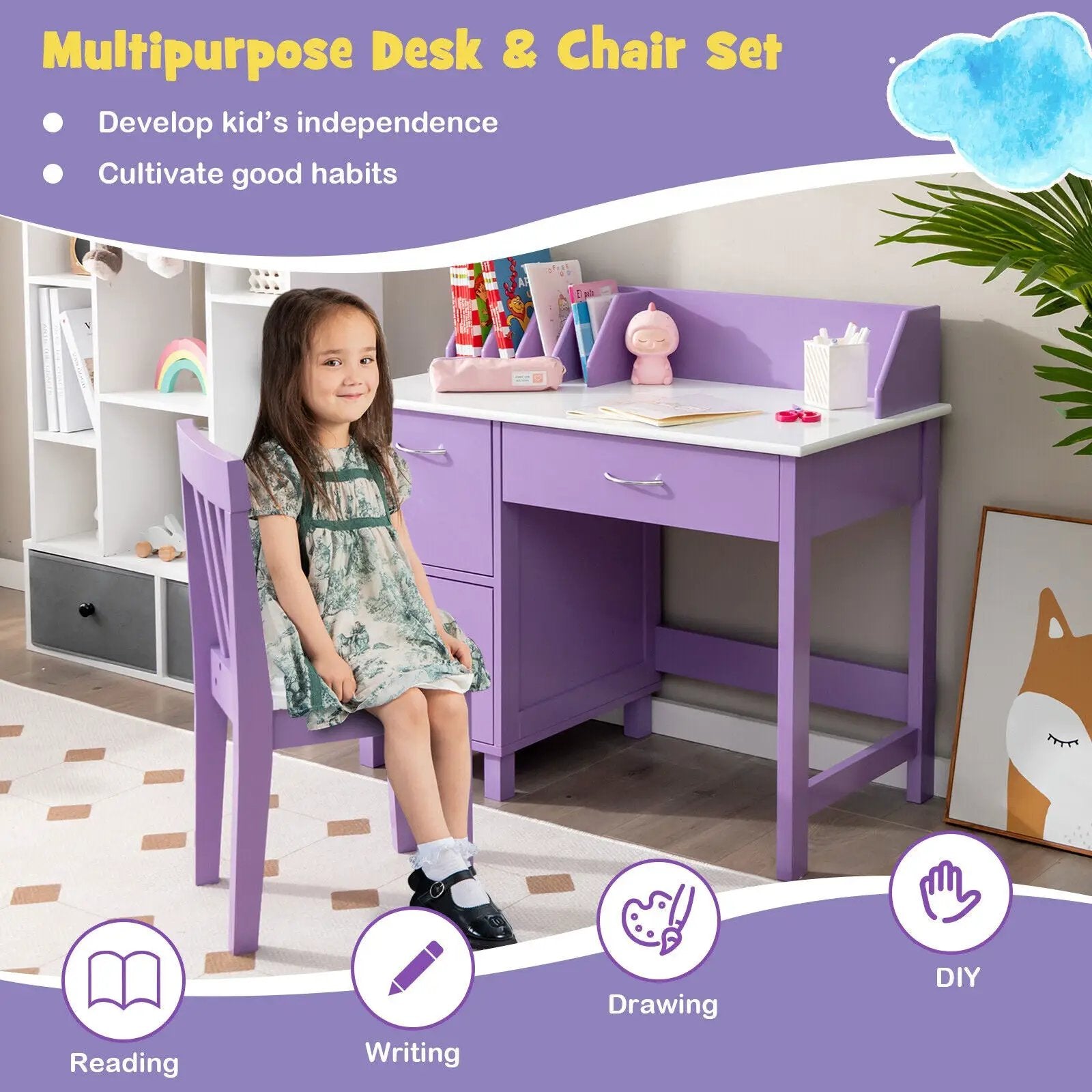 Kids Wooden Writing Furniture Set with Drawer and Storage Cabinet by DirectDeals
