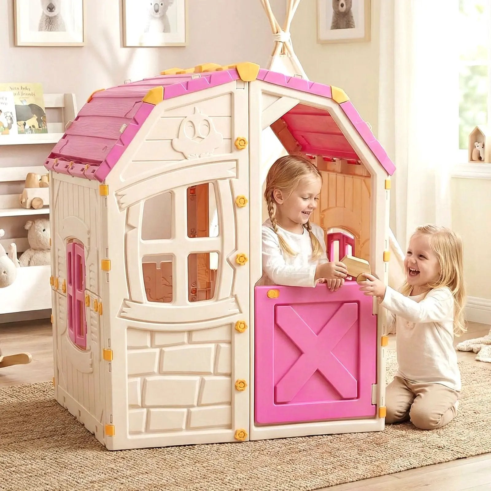 Kids Outdoor Playhouse with Openable Windows and Door for Indoor Room by DirectDeals