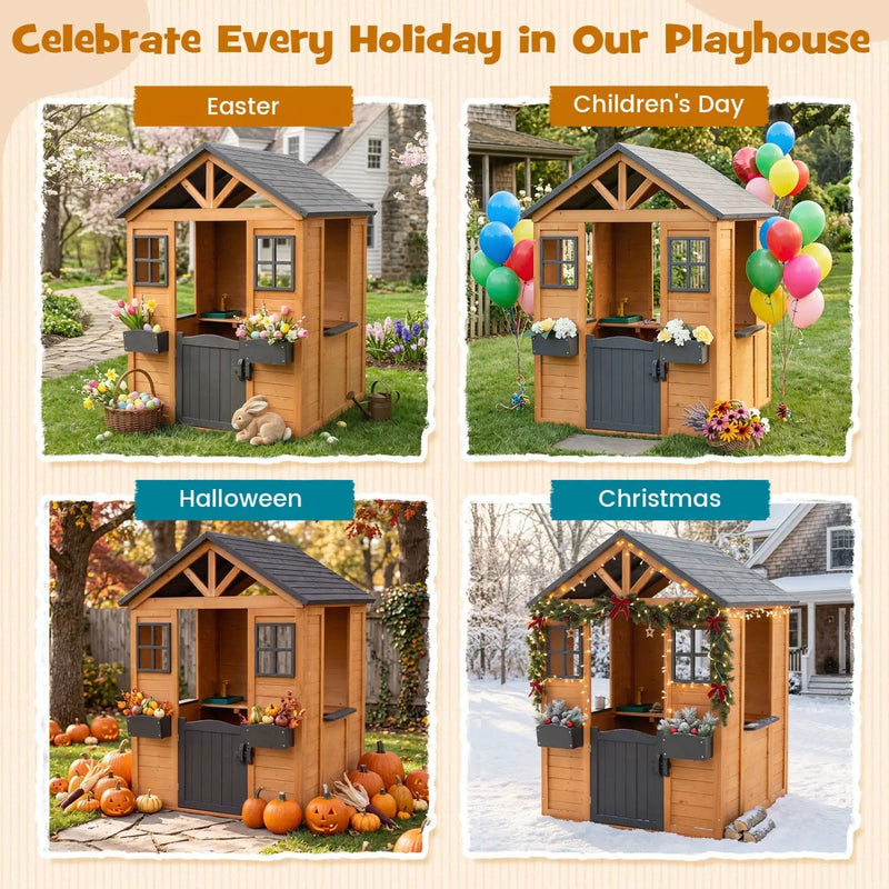 Kids Outdoor Playhouse with Sink Spruce Wooden Cottage with Half Door by DirectDeals