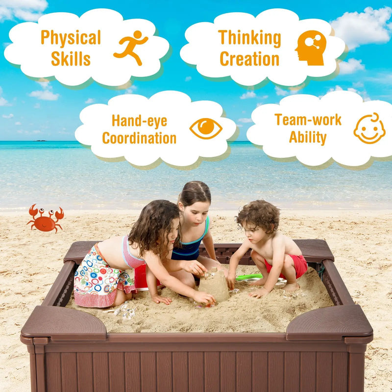 Kids Outdoor Sandbox with Oxford Cover and 4 Corner Seats by DirectDeals