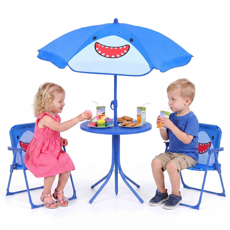 Kids Outdoor Table and Chair Set with 2 Folding Chairs and Height Adjustable Umbrella by DirectDeals